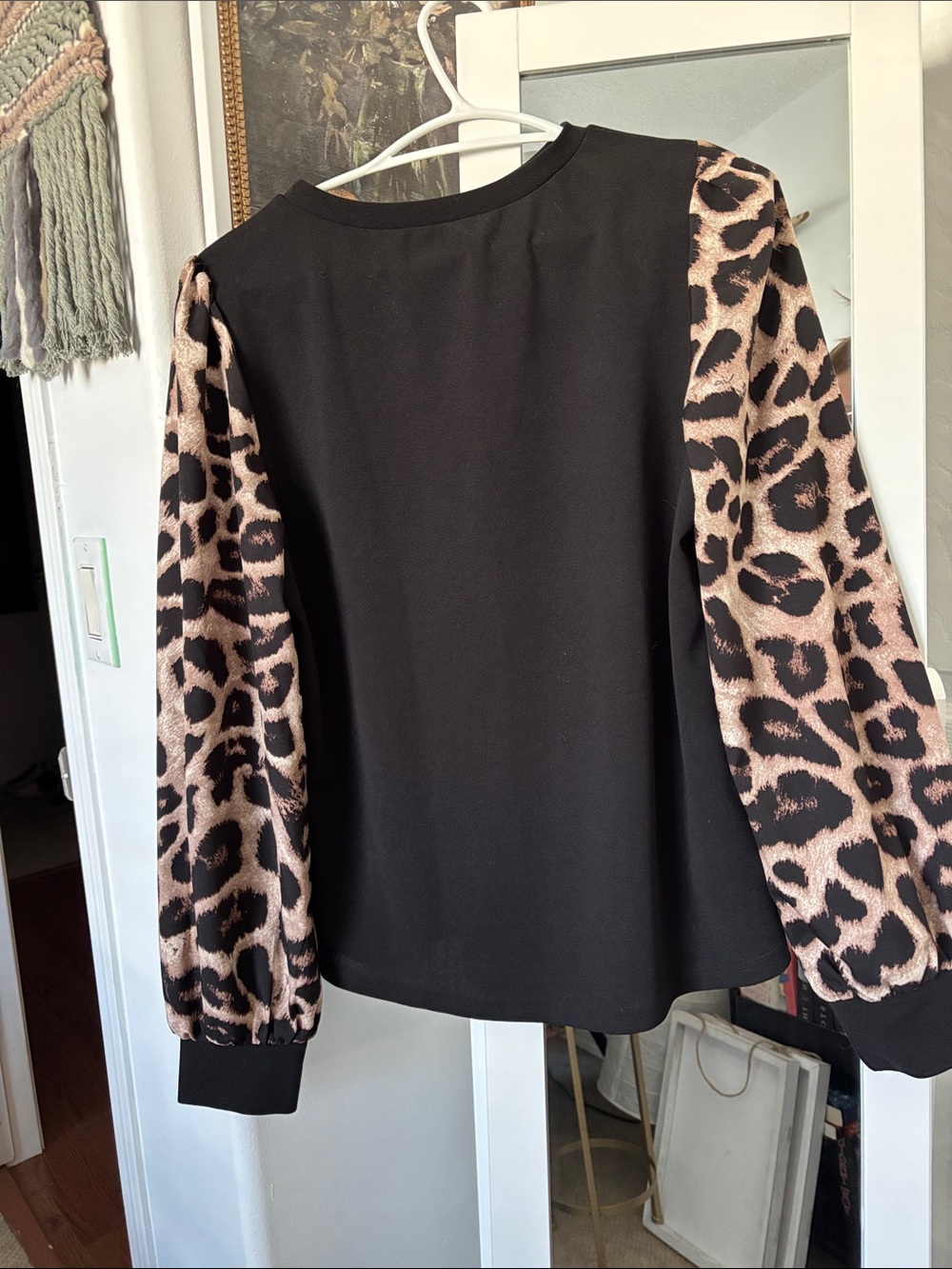 Black Top with Leopard Print Puff Sleeves - Women